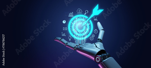 Ai humanoid make a success chance,strategy,planning and goals.Business goal and technology with artificial intelligence concepts.Smart robot hand pointing on a big target dart icon on blue background