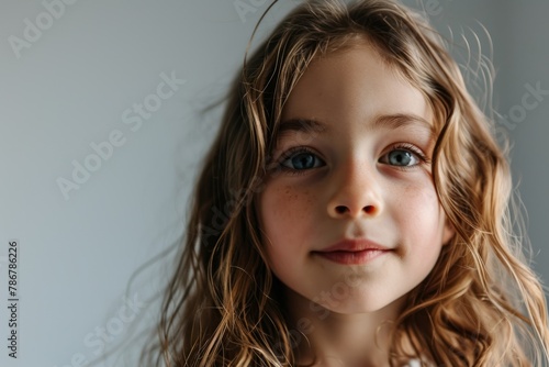 Portrait of a beautiful little girl with long hair on a gray background