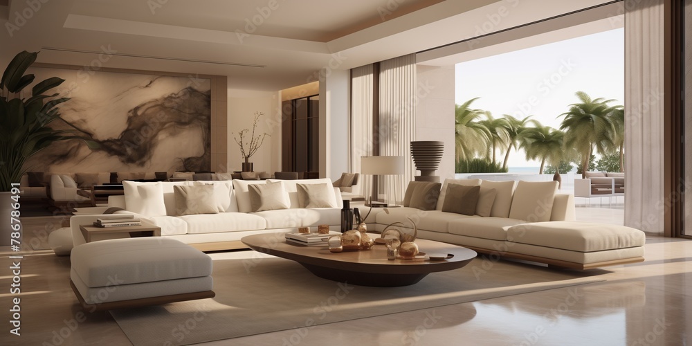 A spacious living area with a combination of plush seating and contemporary decor elements.