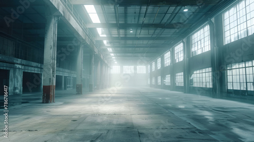 A large warehouse on the ground floor  showcasing photorealistic rendering  gloomy metropolises  minimalist staging  raw versus finished elements  hazy ambiance  and stylish design.