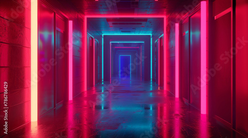 A 3D scene with neon lights in a hallway or studio, featuring vintage aesthetics, automatism, and glistening elements.
