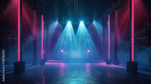 A stage with lights, featuring multiple screens, a contemporary landscape, a cold and detached atmosphere, and a precise and lifelike representation.