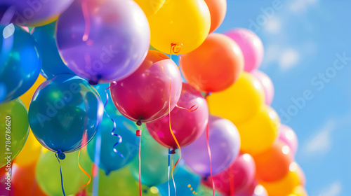 Bright abstract background of jumble of rainbow colored balloons celebrating gay pride. The LGBT gay pride rainbow flag background made from a collection of balloons, birthday party, colorful  photo