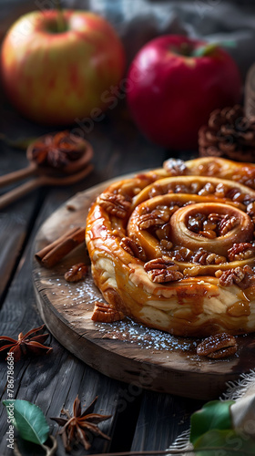 Beautiful presentation of Apple pie cinnamon rolls, hyperrealistic food photography