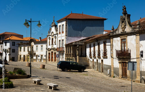 Picturesque view of old houses and streets of Mirandela town at sunny day, northeastern Portugal