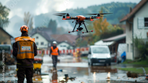 Hurricane, flood and people in city with search drone, rescue or evacuation safety for disaster management. Road, water and emergency team with tornado damage evaluation, solution or relief in street photo