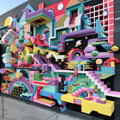 Craft a 3D pixel art representation of a street art mural from an unexpected camera angle, symbolizing key psychological concepts like perception and reality Play with perspective