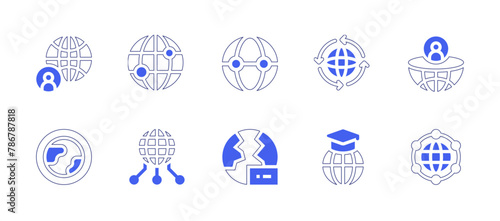 Global icon set. Duotone style line stroke and bold. Vector illustration. Containing network, process, global network, earth, world, global, global server, global education.
