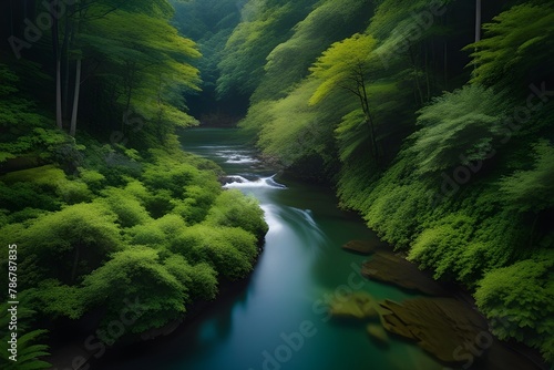 The lush green landscape of Oirase in Japan showcases the beauty of nature during summertime, with vibrant leaves adorning the forest, a majestic mountain backdrop, Generative AI