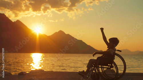 A boy in a wheelchair raises his fist in pride. and enjoy the setting sun set with the mountains and sea in the background.