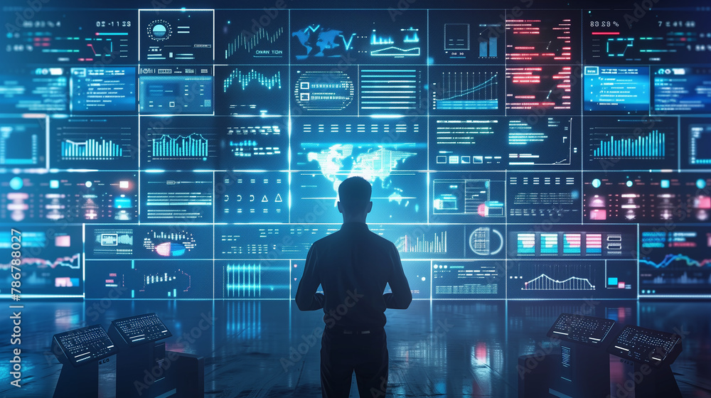 A man stands in front of a computer monitor with many screens displaying various data. Concept of focus and concentration as the man looks at the screens, possibly analyzing the information displayed A man stands in front of a computer monitor with many screens displaying various data. Concept of focus and concentration as the man looks at the screens, possibly analyzing the information displayed