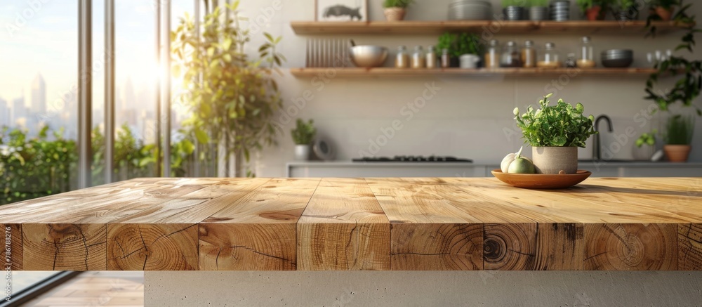 A small green potted plant placed on top of a rustic wooden table in a cozy indoor setting A small green potted plant placed on top of a rustic wooden table in a cozy indoor setting