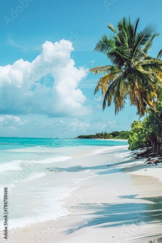 A serene tropical beach with palm trees  turquoise waters  and white sandy shores  perfect for a relaxing getaway  Generative AI