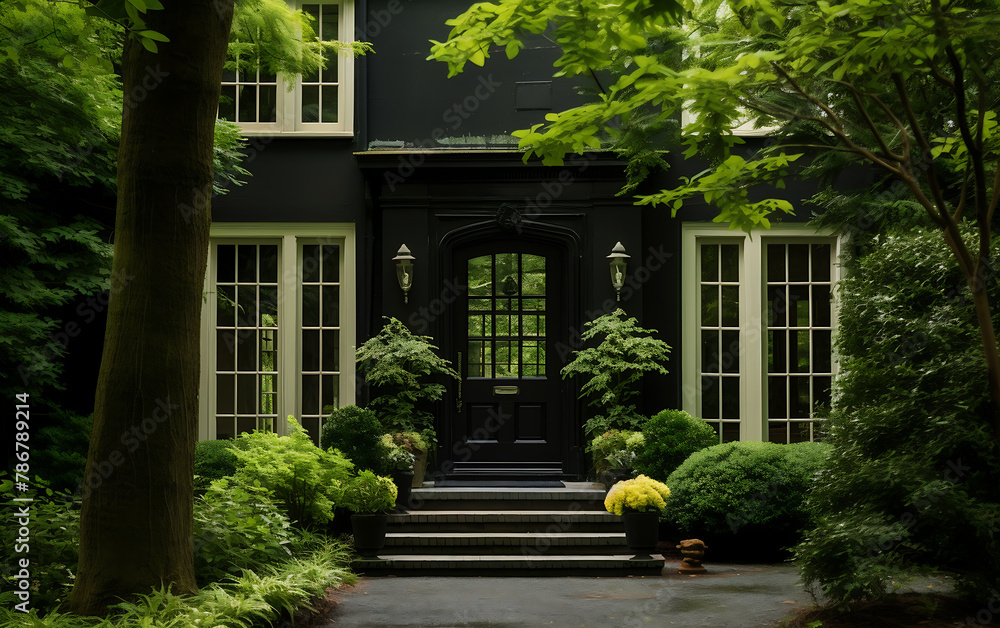 Beautiful front door of a black house with a green garden. Beautiful front door of a black house with a green garden.
