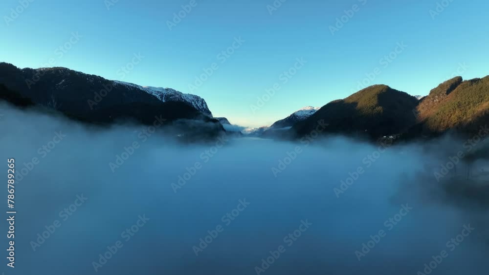 Morning haze at sunrise with Veafjord in background, Norway aerial Morning haze at sunrise with Veafjord in background, Norway aerial