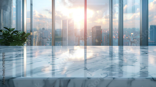Empty marble table with blur room office and window city view background
