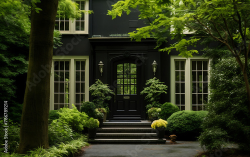 Beautiful front door of a black house with a green garden.