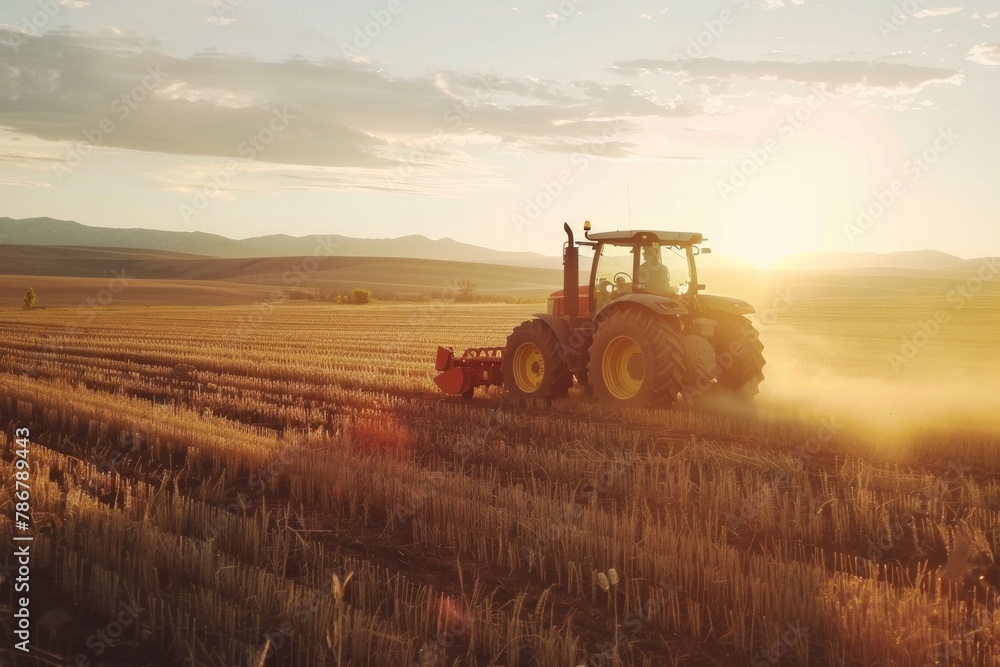 Obraz premium A red tractor is driving through a field of dirt.
