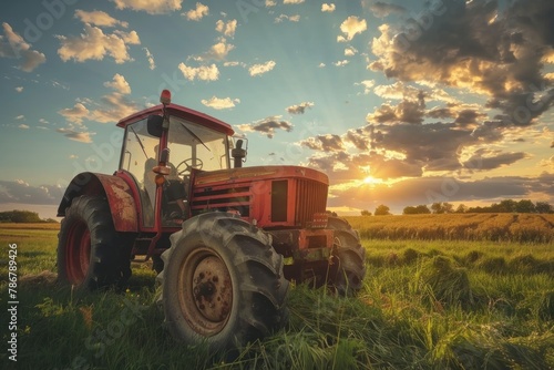 A red tractor is driving through a field of dirt. photo