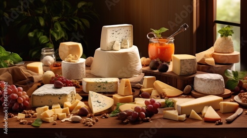 A wooden board with a variety of cheeses on it.