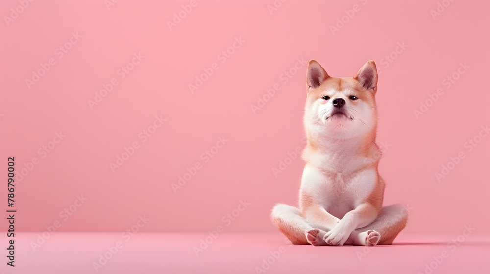 Serene Shiba Inu Meditating in Lotus Pose on Bright Pink Background with Soft Lighting Serene Shiba Inu Meditating in Lotus Pose on Bright Pink Background with Soft Lighting