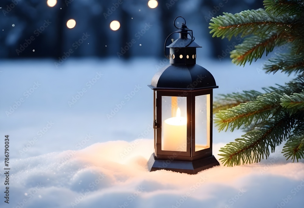 Christmas Lantern On Snow With Fir Branch In Evening Scene. High quality photo