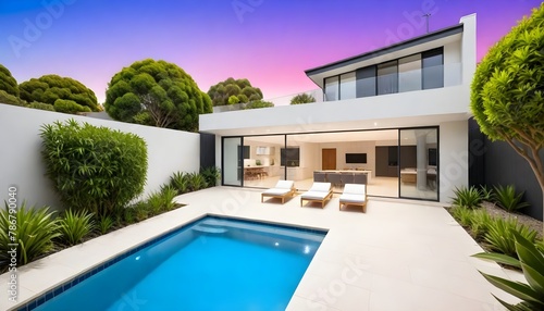 Rear garden of a contemporary Australian home with tiled swimming pool, modern real estate. High quality photo © Ax