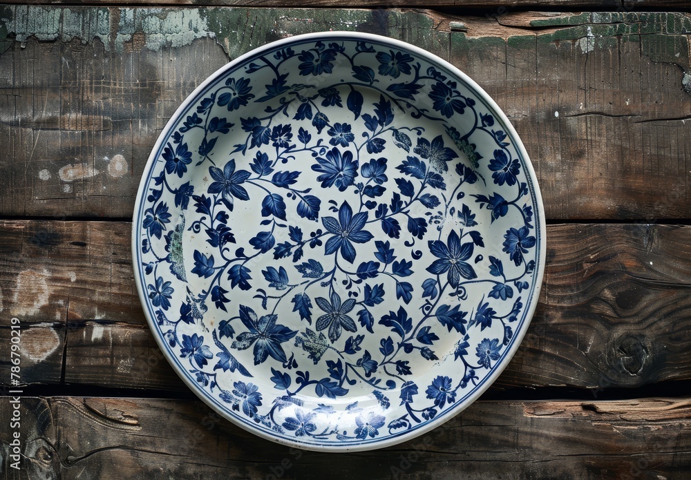 Vintage blue and white ceramic plate on a rustic wooden background