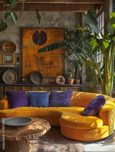 Stylish Bohemian Living Room Interior with Velvet Sofa © lin