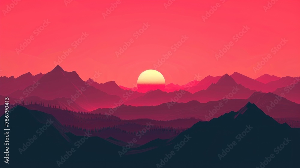 Fototapeta premium A mountain range with a red sun in the sky.