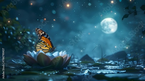 Curious Butterfly Meditating in Ethereal Lotus Cocoon under Moonlight