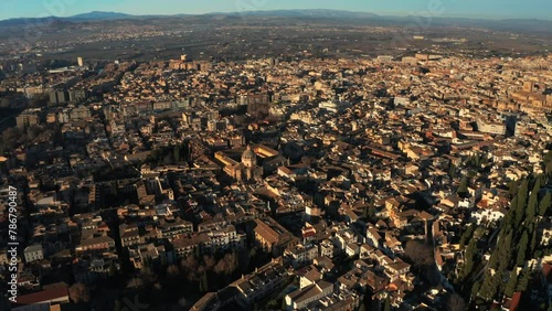 Aerial View of Granada Historic City and Alhambra, Spain. 4K Drone