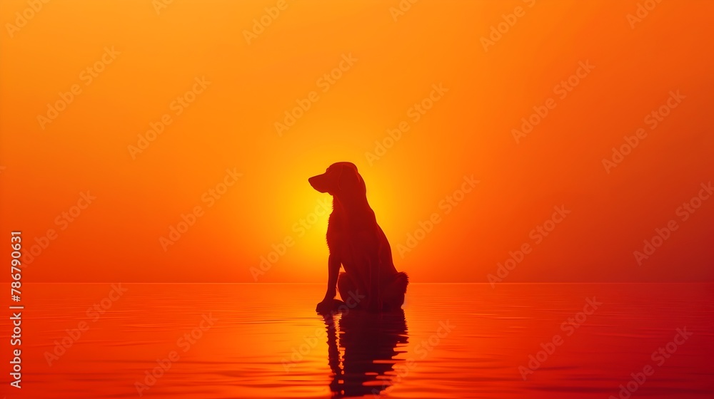 Solitary Dog Meditating in Vivid Sunset Scenery with Minimalist Backdrop