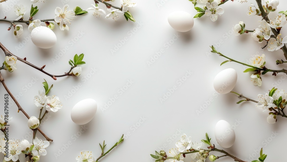 Spring Time Frame Image Elegant springtime frame with white eggs and cherry blossoms on a ...
