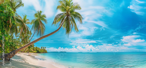 Beautiful tropical beach with palm trees and a blue sky, panoramic view, Generative AI