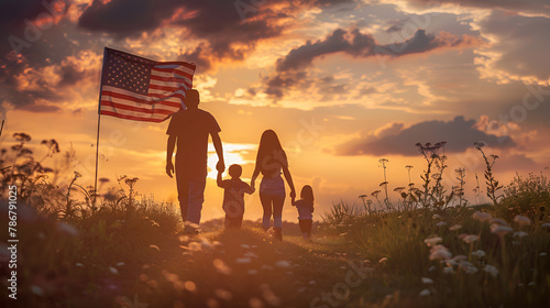 American Independence Day celebrated by a family at sunset, Generative Ai