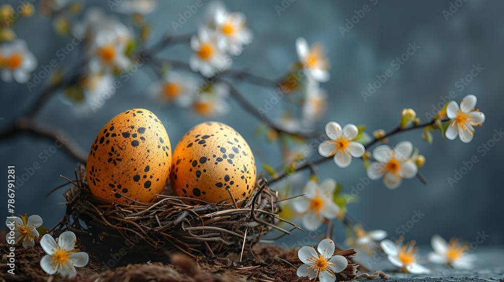 Nest with Speckled Eggs Amid Spring Blossoms, Iconic of Renewal, Beginnings, and the Simple Joys of Nature, copy space Nest with Speckled Eggs Amid Spring Blossoms, Iconic of Renewal, Beginnings, and the Simple Joys of Nature, copy space