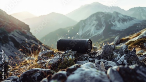 Sleek, modern portable speaker resting on a mountain trail, designed for the perfect outdoor musical day photo