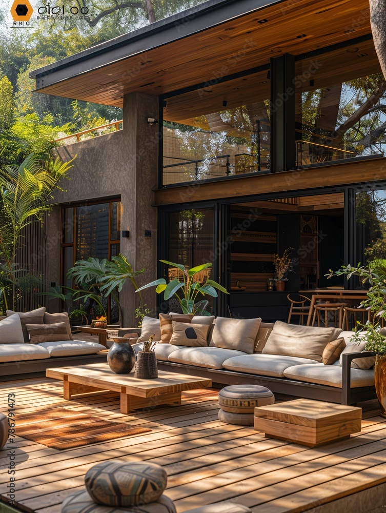 Fototapeta premium Modern Outdoor Patio with Comfortable Furniture and Wooden Deck