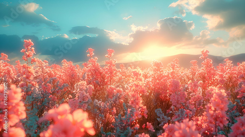Breathtaking view of a peach flower field at sunset, ideal for nature photography publications and travel brochures promoting scenic destinations