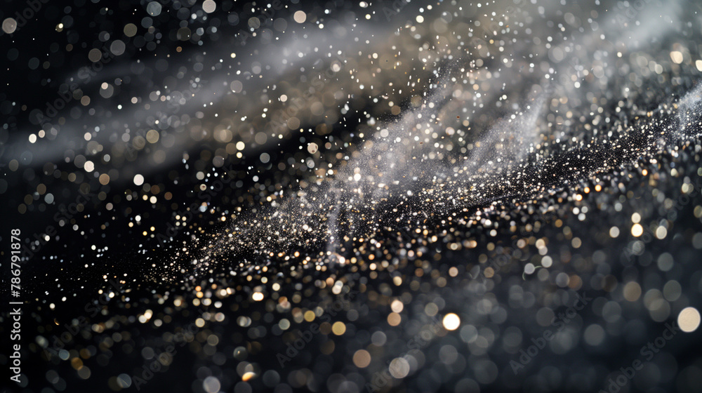macro shot of glitter and dust flying in front of a black background
