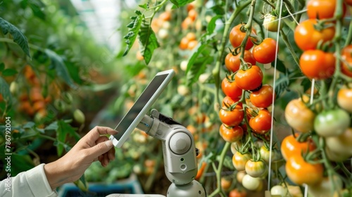 Farmer using digital tablet control robot to harvesting tomatoes photo
