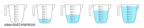 Set of empty and water filled measuring cups with 1 liter volume. Liquid containers for cooking with fluid capacity scale isolated on white background. Vector flat illustration.