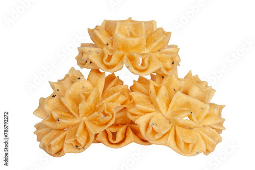 Crispy Lotus Blossom Cookie is Thai dessert (Khanom Dok Jok) isolated on white background included clipping path.