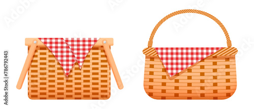 Empty wicker picnic baskets with checkered cotton or linen napkins. Handmade woven willow hampers isolated on white background. Vector cartoon illustration.