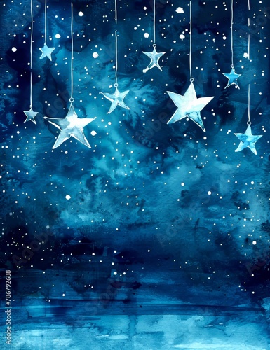 Hanging Stars on Watercolor Night Sky Background. Wishing Concept, Christmas, Starry Night, Fantasy. Generative AI.