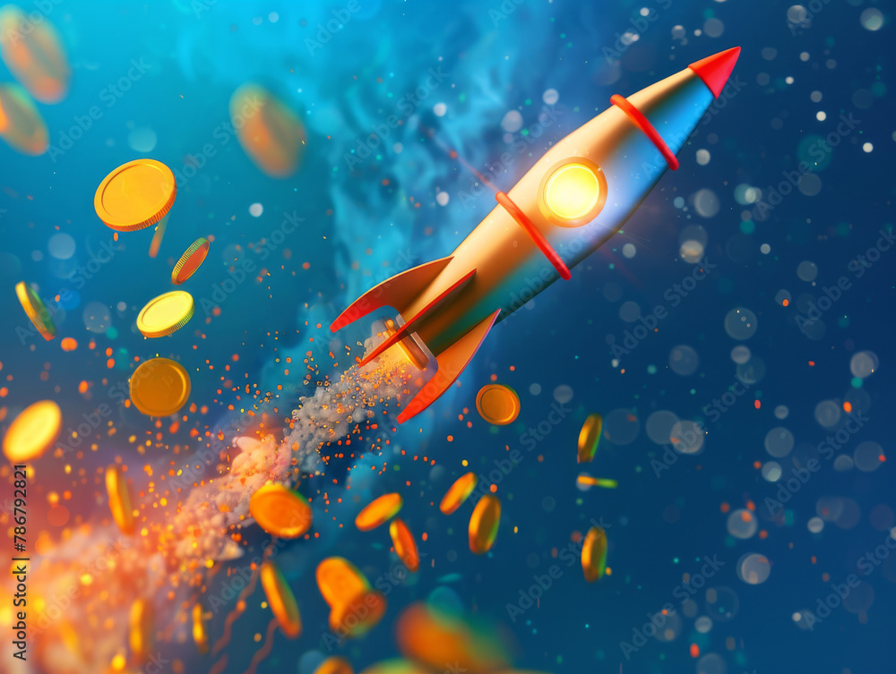 Naklejka premium A 3D rendering of a rocket ship launching from a blue background with a burst of fire and gold coins.