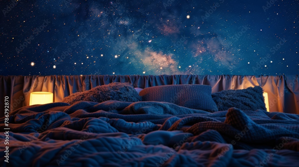 Obraz premium Bed with fluffy pillows and a warm blanket, set against a backdrop of a night sky with glowing stars