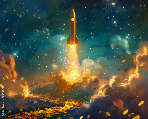 A golden rocket ship launching from a field of gold coins into a starry night sky.
