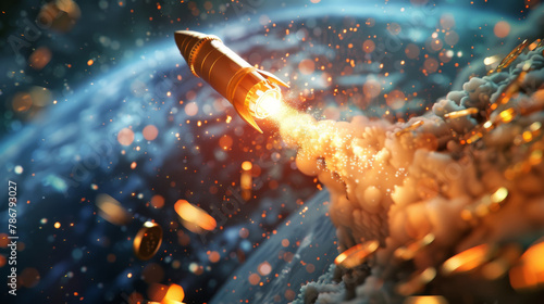 A golden rocket ship launching from earth with a fiery orange exhaust and gold coins in the background.